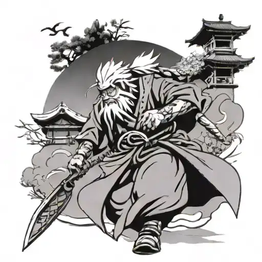 jiraiya walking away, waving with hidden leaf village in background  tattoo design idea