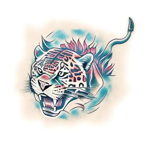 Intricate black and white jaguar roaring tattoo design on Craiyon