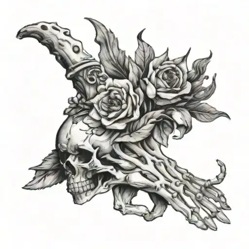 hand, skeleton hand, narcissus, pomegranate, horns tattoo design idea