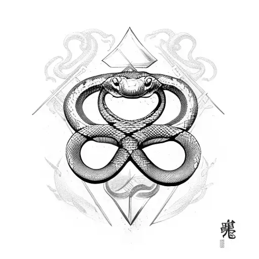 snake wrapping around a sword with a ting yang symbol hidden in the swords hanfle tattoo design idea