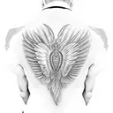 Hyperrealistic tattoo design featuring long, intricately feathered wings stretching from the center of the back, inspire tattoo design idea