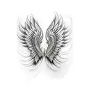 Hyperrealistic tattoo design featuring long, intricately feathered wings stretching from the center of the back, inspire tattoo design idea