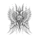 Hyperrealistic tattoo design featuring long, intricately feathered wings stretching from the center of the back, inspire tattoo design idea