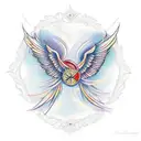 Hyperrealistic tattoo design featuring long, intricately feathered wings stretching from the center of the back, inspire tattoo design idea