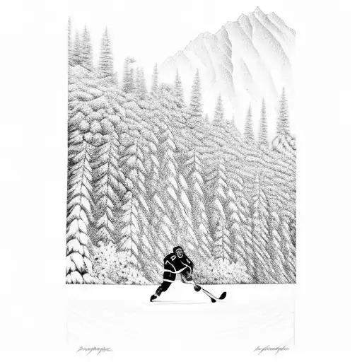Pond Hockey player skating on ice in the forest with mountains in the background  tattoo design idea