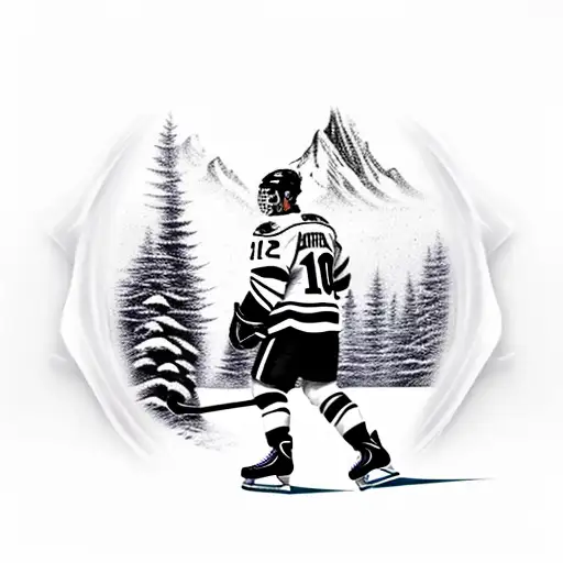  back of Hockey player with a jersey with the number 10. skating on ice in the forest with mountains in the background  tattoo design idea