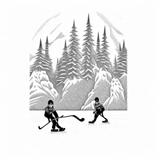 Pond Hockey player skating on ice in the forest with mountains in the background  tattoo design idea