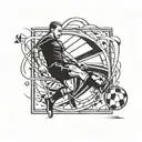 A football player kicking a ball with a film strip trailing behind, representing your passion for both football and films tattoo design idea