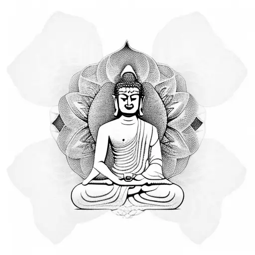 Buddha seated in a meditative position on a stylized lotus flower. Buddha's eyes almost closed, with a serene and compas tattoo design idea