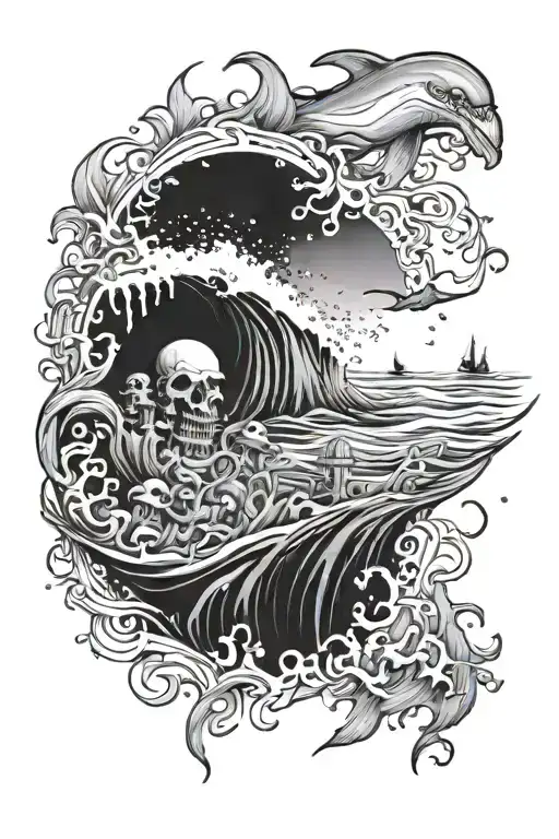 Under ocean scene with shore in the background tattoo design idea