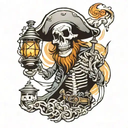 skeleton pirate with lantern pirate ship megalodon tattoo design idea