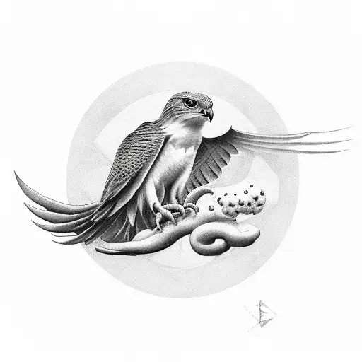 Phoenix, ailes déployés, serres en avant, tête de faucon, queeue d oiseau lyre tattoo design idea
