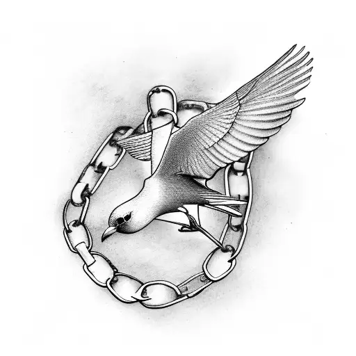 bird flying with a broken metal chain holding his neck, view from the top tattoo design idea