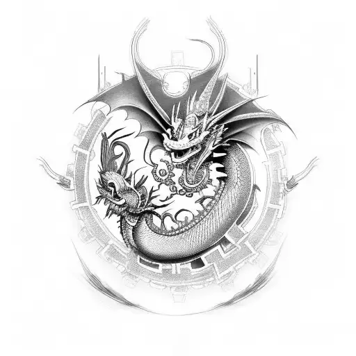 Design a tattoo featuring a Korean-inspired dragon with gears and circuitry tattoo design idea