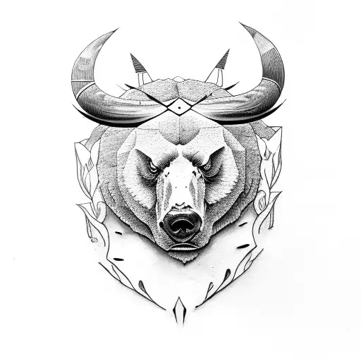 half bull head half bear head split down the middle tattoo design idea