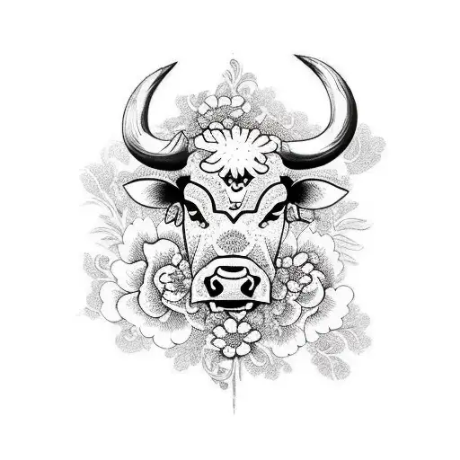 aggressive bull with flowers black and white tattoo design idea
