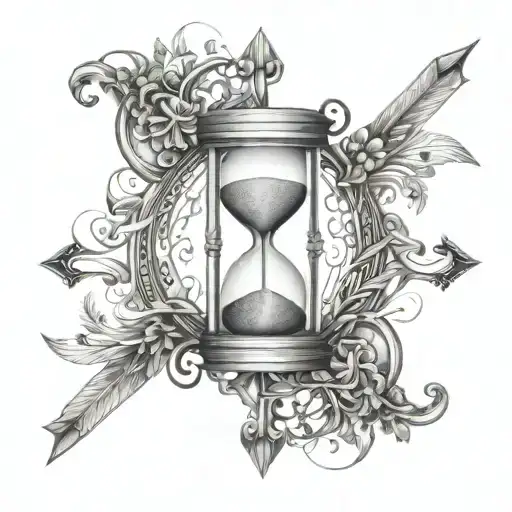 An hourglass with intricate designs and arrows pointing in opposite directions, symbolizing the balance between time and choices tattoo design idea