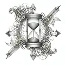 An hourglass with intricate designs and arrows pointing in opposite directions, symbolizing the balance between time and choices tattoo design idea
