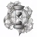 An hourglass with intricate designs and arrows pointing in opposite directions, symbolizing the balance between time and choices tattoo design idea