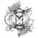 An hourglass with intricate designs and arrows pointing in opposite directions, symbolizing the balance between time and choices tattoo design idea