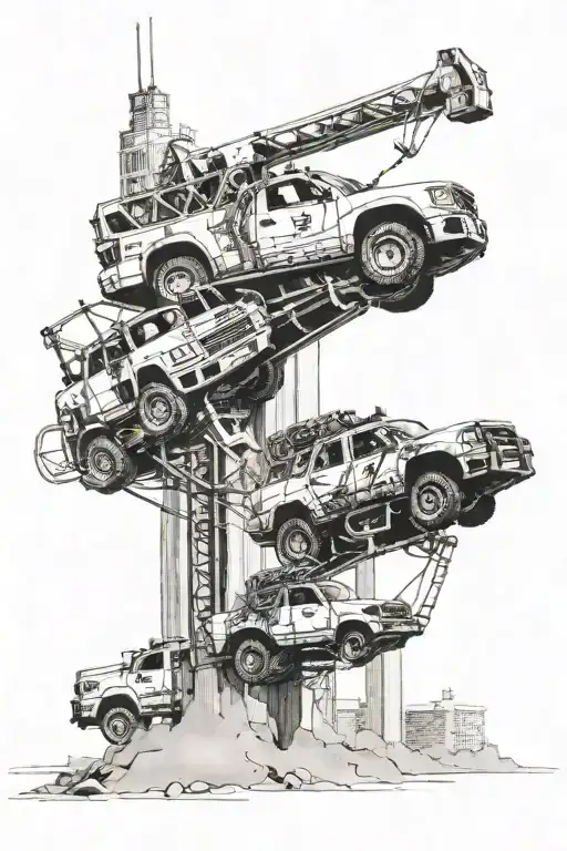 Combine a silhouette of the 911 twin towers with a heavy equipment vehicle in a technical rescue scene tattoo design idea
