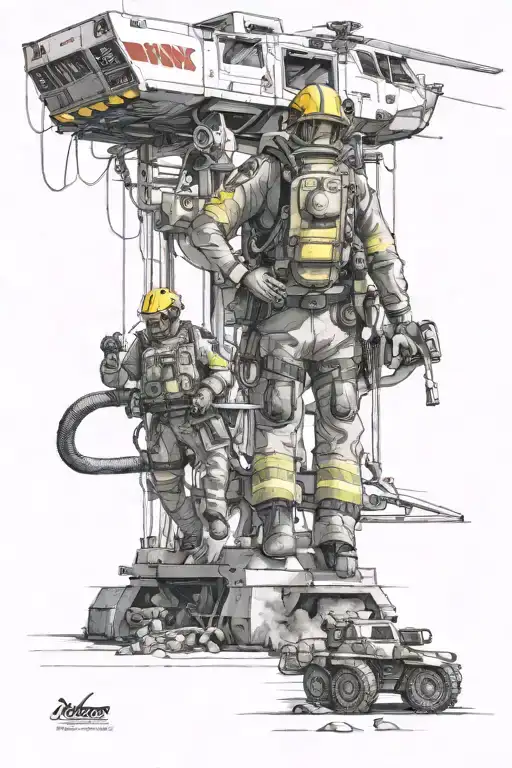 A technical rescue scene with heavy equipment and a tactical paramedic in a new-school style tattoo design idea
