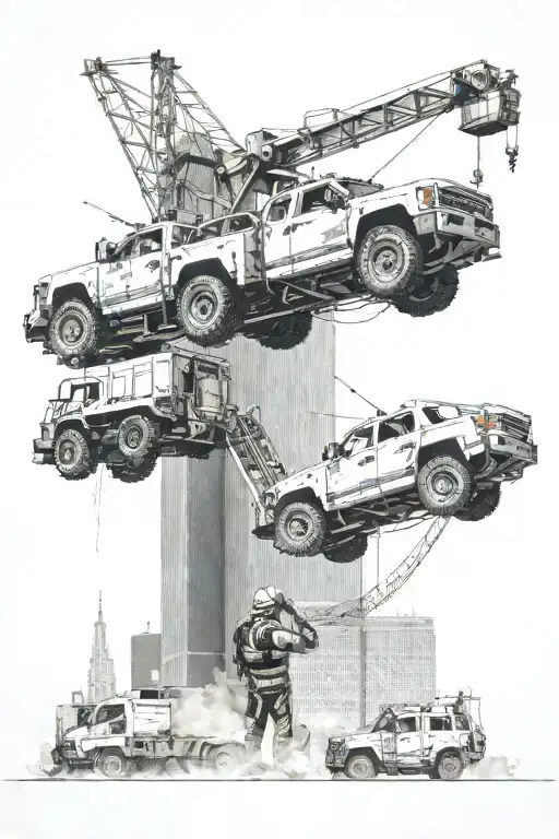 Combine a silhouette of the 911 twin towers with a heavy equipment vehicle in a technical rescue scene tattoo design idea