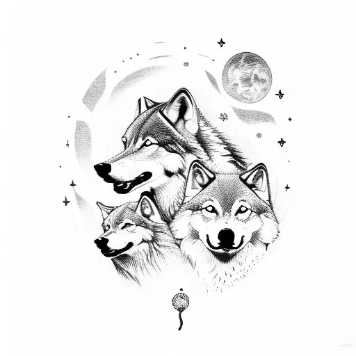 A dotwork illustration of a family of wolves howling at the stars, with each wolf representing a member of the client's family tattoo design idea