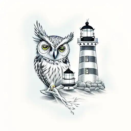 Owl with a lighthouse and lightning  tattoo design idea