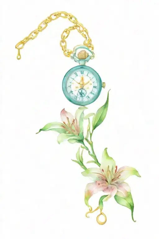 lily flower, Pisces constellation, pocketwatch chain entwined tattoo design idea