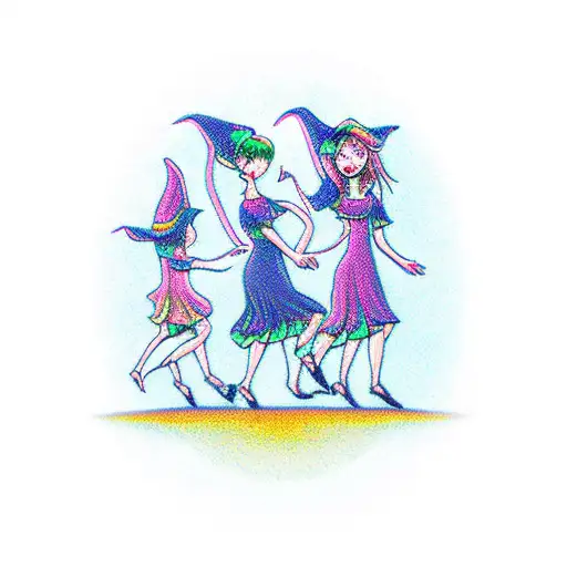 simple dancing witches with moon tattoo design idea