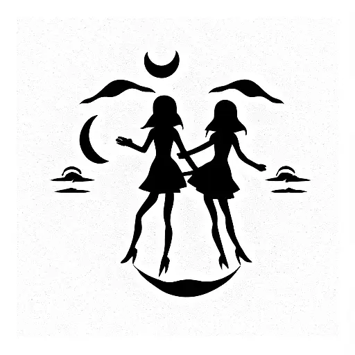 simple dancing witches with moon tattoo design idea