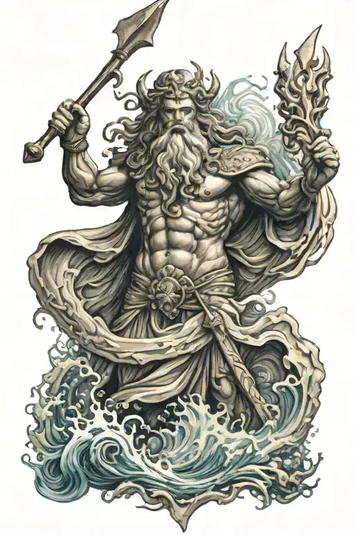 poseidon god holding trident surrounded by the ocean tattoo design idea