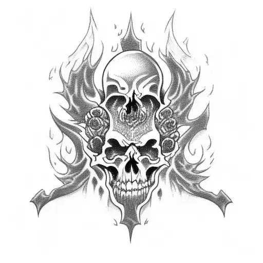 a built up pile of skulls with flames tattoo design idea