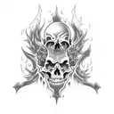a built up pile of skulls with flames tattoo design idea
