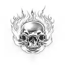 a built up pile of skulls with flames tattoo design idea