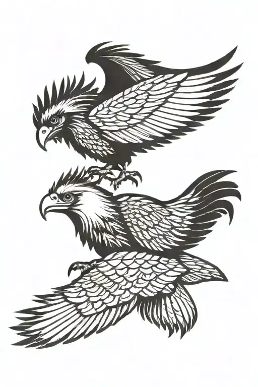 rooster head and eagle head with wing fused tattoo design idea