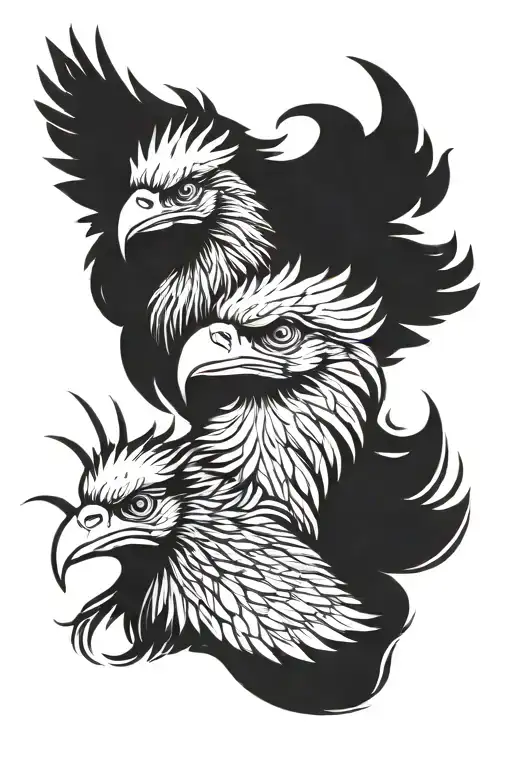 rooster head and eagle head with  wing  tattoo design idea