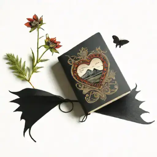 a book with the mourne mountains on the cover inside a black heart. the bookmark is red tattoo design idea