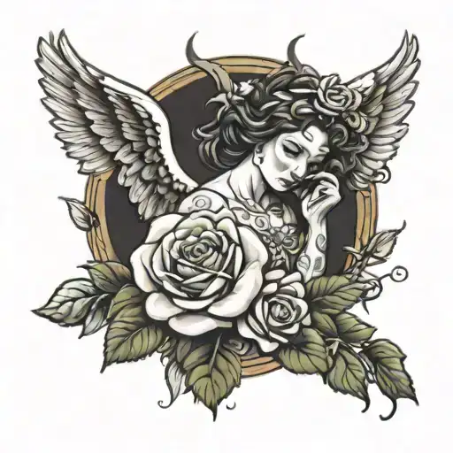 religion Angel, with bull and roses blooming tattoo design idea