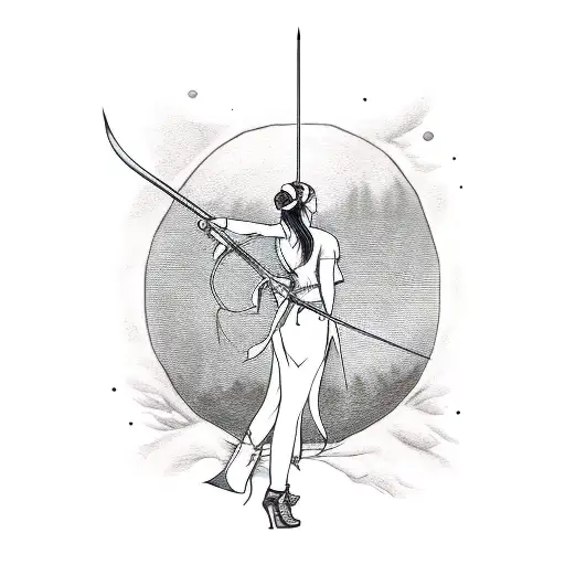 A fierce bow huntress with her bow and arrow, surrounded by a forest of mystical creatures tattoo design idea