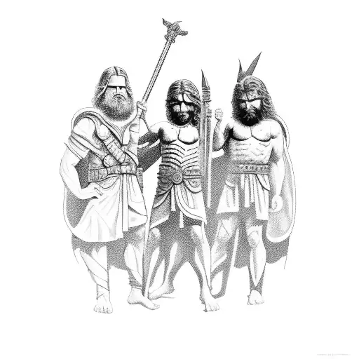 A tattoo showcasing your three kids as courageous warriors, each representing a different Greek god, in a black-grey style. tattoo design idea
