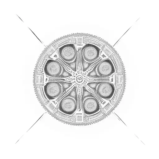 Motorcycle wheel with intricate blackwork patterns tattoo design idea