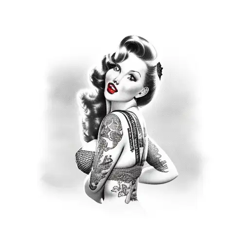 a classic pin-up pose with the red-headed girl confident pose with clipboard tattoo design idea
