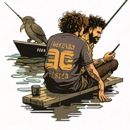 two men with curly hair sitting on dock fishing facing away. one man wearing a Messi jersey  tattoo design idea