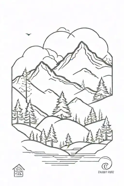 mountain with forest trees and a river flowing tattoo design idea