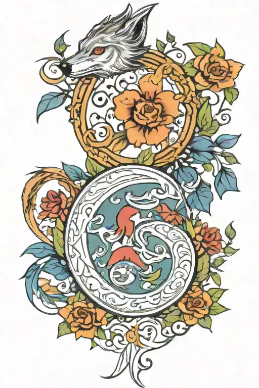 buffalo bills flowers water pisces vine wolf feathers horseshoe  tattoo design idea