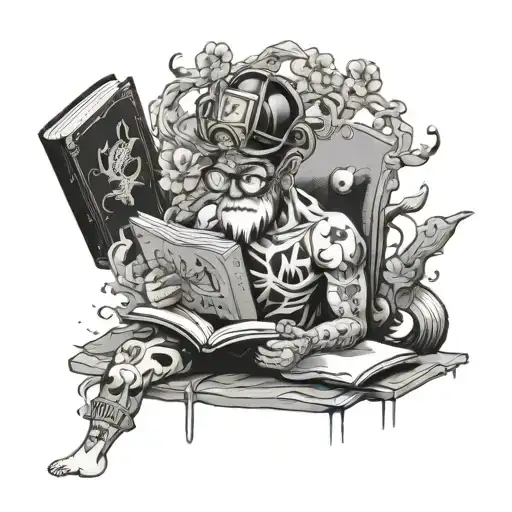 A cartoon character reading a book underwater, with a flower crown and comic book accessories tattoo design idea