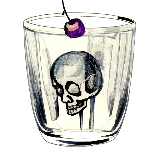 A cocktail glass with skull ice cubes and a cherry tattoo design idea
