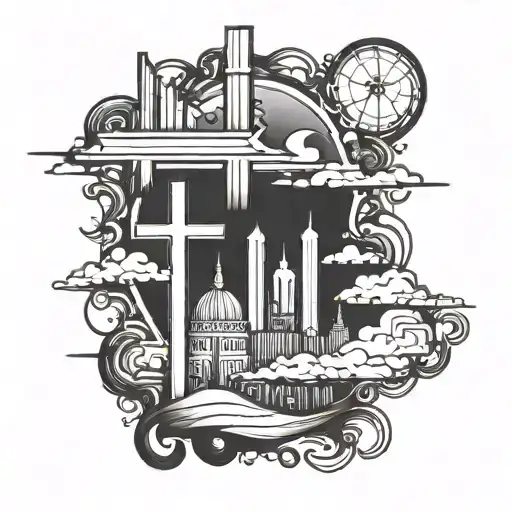 skyline behind a cross tattoo design idea